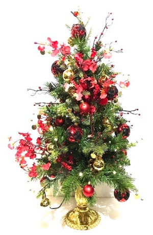 24 inch artificial table top Christmas tree, fully decorated, red, black and gold theme colors, LED battery lights