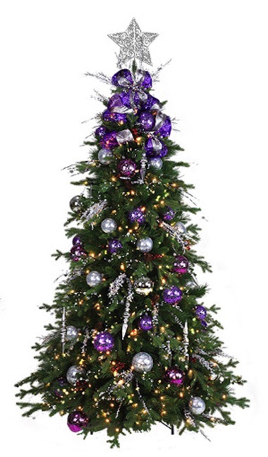 6ft artificial tree, fully decorated, purple and silver colors, LED lights, star topper, easy assembly