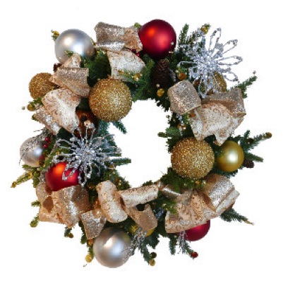 See more details about this gold, red and silver color themed 24 inch wreath