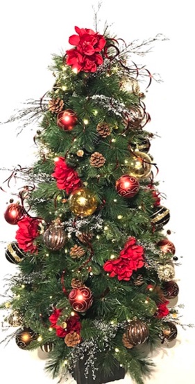 4ft artificial Christmas tree, fully decorated, red and gold themed colors, beautiful accents, LED lights