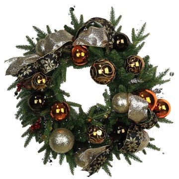 artificial christmas wreath, 24 inch wreath, fully decorated, black & gold ribbons, silver and gold theme