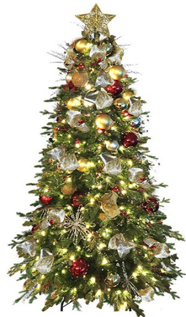 6ft artificial tree, fully decorated, red and gold colors, LED lights, star topper, easy assembly