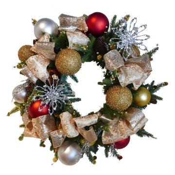 artificial 24 inch wreath, fully decorated, red and green color, gold, red and silver color theme