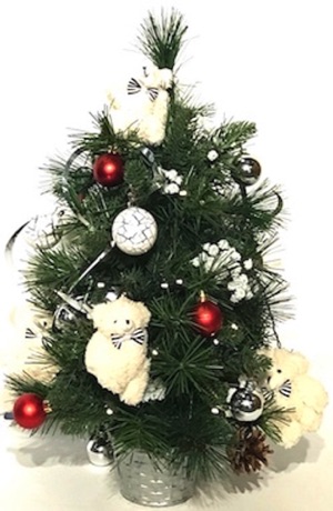 artificial 18 inch table top Christmas tree, fully decorated, white teddy bear theme, silver and red accents