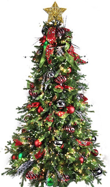6ft artificial tree, fully decorated, red and green colors, LED lights, star topper, easy assembly