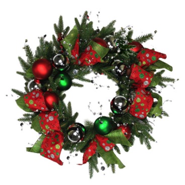 artificial 24 inch wreath, fully decorated, red and green color, red and green ribbons