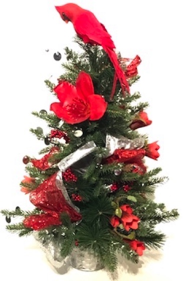 Beautiful artificial 24 inch Christmas tree, fully decorated, cardinal bird red theme