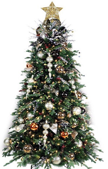 artificial christmas tree, 6ft tree, fully decorated, black & gold, silver and gold theme, metal stand, LED lights, tree topper, easy assembly 