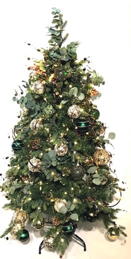 5ft artificial Christmas tree, fully decorated, gold and green themed colors, LED lights