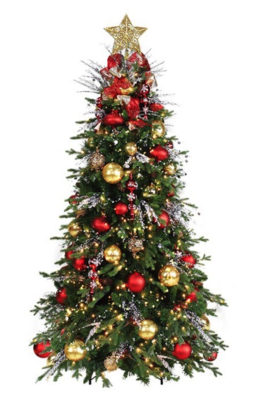 artificial christmas tree, 6ft tree, fully decorated, traditional colors, LED lights, easy assembly